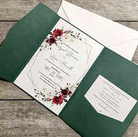 Invitation de mariage en papier écologique vert foncé à trois volets, motif floral 3D pop-up aquarelle, rose bordeaux et doré à chaud pour anniversaire