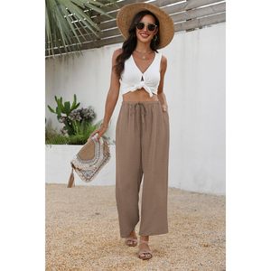 FOXA Linen Wide Leg <b>Pants</b> Woman High Waist Palazzo <b>Pants</b> With Pockets Breathable Casual <b>Summer</b> Outfits Spring Beach Vacation - Product Image 3