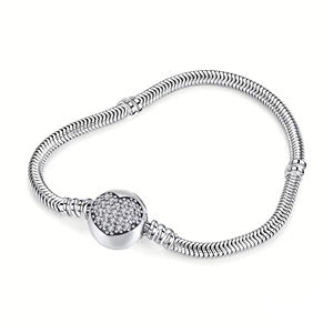 Manufacturer OEM S925 Sterling Silver Zircon Trendy Heart Shaped Snake Bone Charm <b>Bracelet</b> Women Beaded Jewelry DIY Gift - Product Image 1