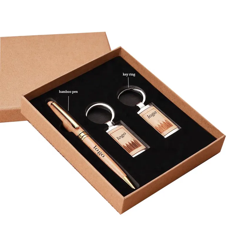 Promotional Logo Luxury Corporate Executive Souvenir Items Wooden Pen Key Ring Combo Set Business Gift Set
