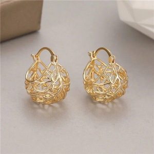 <b>Gold</b> Tone Tree of Life Openwork <b>Huggie</b> <b>Earrings</b> for Women Elegant Fashion Jewelry - Product Image 3