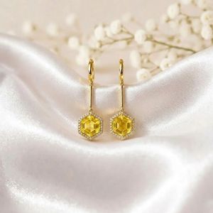 Yellow Lemon Quartz Gemstone <b>Earrings</b> with Cubic Zirconia Hexagon Drop Accent Faceted Natural Stone <b>Fine</b> <b>Earrings</b> Minimalist - Product Image 2