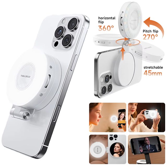 BEIYANG M28 Mini Portable Magnetic LED Fill Light with Phone Holder Mirror for Selfie Live Video YouTube Vlog Photo Lighting