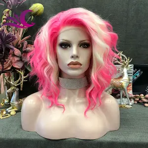 Celebrity ombre pink blonde high density short curl wig heat resistant synthetic lace front wig for cosplay halloween