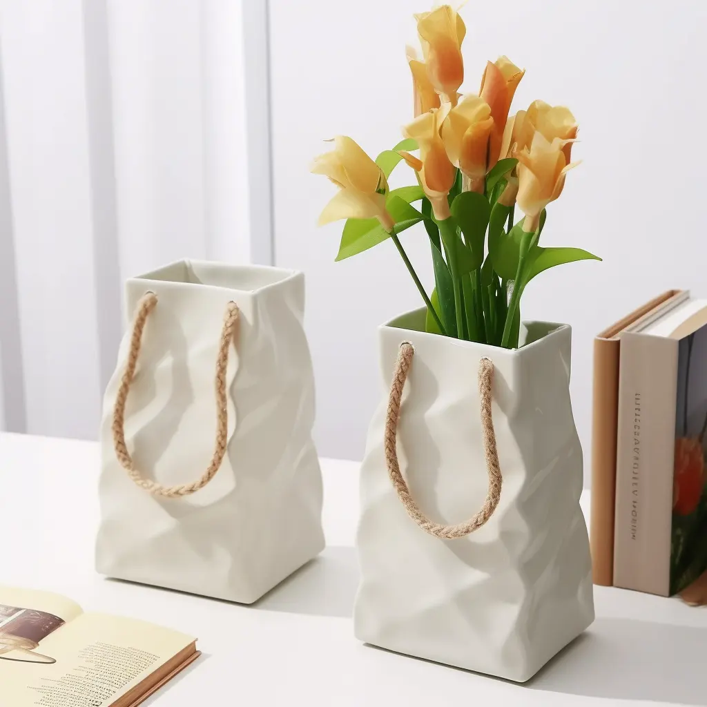 अनियमित पेपर बैग आकार सफेद सिरेमिक पौधे vases-सौंदर्य गृह सजावट के लिए 2 का सेट, रात के खाने की मेज के लिए एकदम सही,