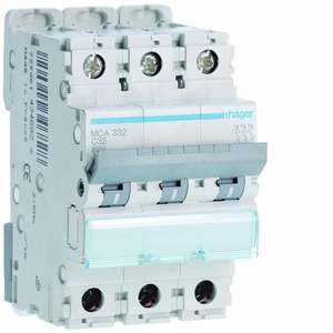 MCA332 ปรับแต่งได้ด้วย Hagers MCB 6000A 10kA 3P เคิร์ฟ C 32A 3 โมดูล - Product Image 1