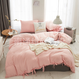 Soft Breathable Solid Color Polyester Wrinkle Resistant Washed Fabric Bed Skirt Bedding 3 Piece <b>Set</b> With Bow Tie Craft - Product Image 3
