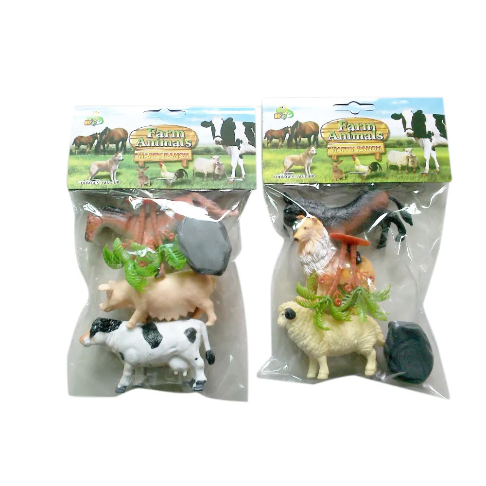Cheap hollow 3pcs packaging 5 inches plastic cow pig horse figure toy farm animal model