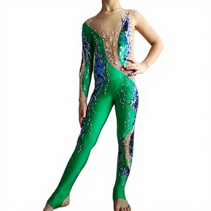 LIUHUO Green &amp; Blue Rhinestone <strong>Acrobatic</strong> Dance Unitard One-Shoulder Sequin Pattern Girls' Competition Performance <strong>Costume</strong> - Product Image 1