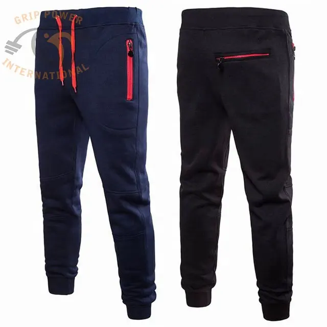 Navy Blue Workout Causal Sweet Pant with red Drawstring and Zipper