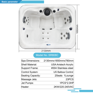 Certifié CE <span class=keywords><strong>2</strong></span> Seater <span class=keywords><strong>Spa</strong></span> Tub 23 Jets Massage Design moderne Générateur <span class=keywords><strong>d</strong></span>'ozone-<span class=keywords><strong>Prix</strong></span> de gros Petit bain à remous extérieur pour 3 personnes - Product Image 5