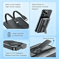 Batterie externe portable magnétique sans fil mini avec support pliable intégré et double charge rapide, chargeur portable avec câble