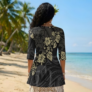 Blusas Elegantes de Manga Media para Mujer, Diseño de Flor de Hibisco Negro de Lujo, Estilo Tribal Polinesio, Casual y Elegante - Product Image 3