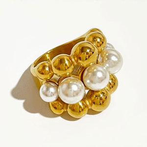 Waterproof Non Tarnish <b>Rings</b> 14k 18k PVD Gold Plated Fashion 316L Stainless Steel Statement Pearl Bead <b>Ring</b> for Women - Product Image 2