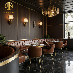 Canapé de <span class=keywords><strong>restaurant</strong></span> de luxe commercial en marbre rond et cuir marron, banquette demi-cercle, table et chaise pour café - Product Image 6