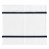 Serviette de table bistro 100% polyester blanche tissée avec des bordures rayées bleu marine foncé et un ourlet large pour hôtel et restaurant
