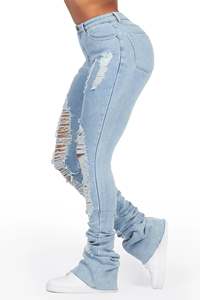 Pantaloni a svasatura di Jeans Super impilati con lavaggio leggero cerato con acido lavato con orlo crudo con taglio Skinny con <span class=keywords><strong>torcia</strong></span> Jeans da donna - Product Image 5