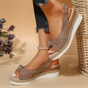European American Sandals Foreign Trade 2025 New Style Bow <strong>Wedge</strong> Heel Casual Women's Shoes Peep Toe Design - Product Image 6
