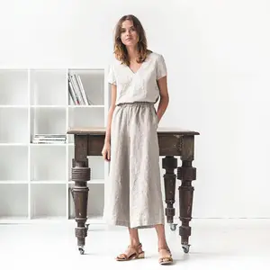 Ensemble de vêtements de loisirs 100% lin pour femmes, chemise en lin pur, pantalon Long pour la vente en gros, Support personnalisé