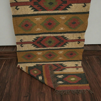 Handcrafted Handloom Kilim Eco-Friendly Latex Rust Ochre Green Geometric Aztec Diamond Pattern Wool Bedside Hallway Area Accent