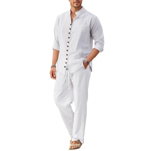 Ensemble deux pièces <span class=keywords><strong>homme</strong></span> automne 2025 : <span class=keywords><strong>chemise</strong></span> à col montant et <span class=keywords><strong>pantalon</strong></span> ample, respirant, style décontracté pour les vacances et la plage - Product Image 2