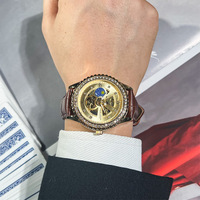 Montre-bracelet automatique pour homme, boîtier doré, cadran phase de lune, bracelet en cuir marron, lunette de luxe, montre d'affaires