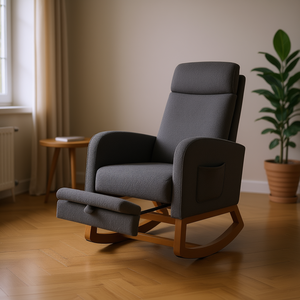 Modern High Back <b>Rocking</b> <b>Chair</b> With Retractable Footrest Rubber <b>Wood</b> Legs Charcoal Fabric Nursery Glider Living Room Furniture - Product Image 2