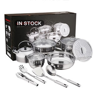 En stock – Ensemble de 14 ustensiles de cuisine en acier inoxydable : casseroles, faitouts, poêles, cuiseurs vapeur, cuillères et spatules - Product Image 1