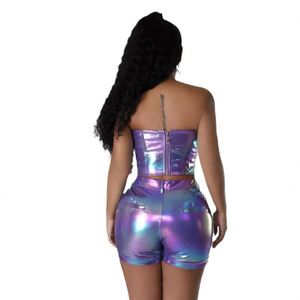 Gild Bộ cho phụ nữ 2 mảnh quần áo mùa hè Áo không tay với dây kéo trang phục sexy PU quần short da và ống Top Set - Product Image 4