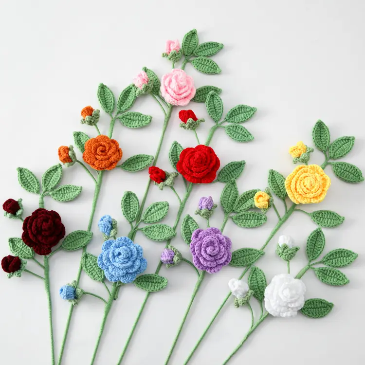 Flores artificiales de ganchillo decoración del hogar festivales regalo dibujos animados tejido a mano Camelias rama DIY hilo producto terminado