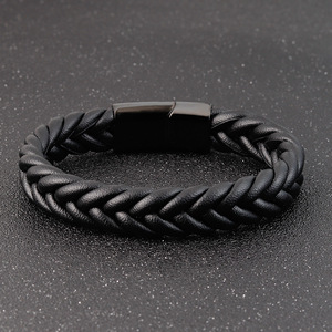 Bracelet en cuir PU tressé tendance haut de gamme à simple couche avec fermoir magnétique en acier inoxydable 316L noir PVD pour hommes - Product Image 6