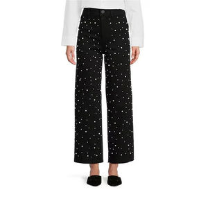 Pantalones Vaqueros de Mezclilla con Bordado de Logotipo Personalizado OEM, Corte Holgado, Estilo Urbano, Pierna Ancha, Acampanados, con Pedrería para Mujer - Product Image 2