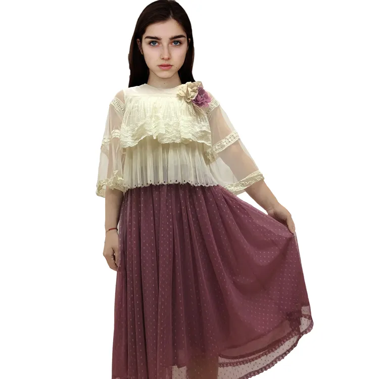 מוסלמי טורבן שיפון קיץ פרח בנות כותנה מפוספסת טול שמלת ילדה, ילדה שמלת הקיץ