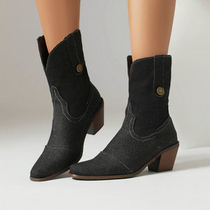 Low Block Heel Cowboy Shoes Dark Denim Mid Calf Western <b>Boots</b> Metal Button Decor For Holiday Trips And Casual Social Gatherings - Product Image 4