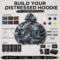 Sweat à capuche zippé camouflage entièrement personnalisé pour homme, délavage vintage, effet éclaboussures de peinture, effet usé et déchiré, streetwear épais, commande d'essai en gros