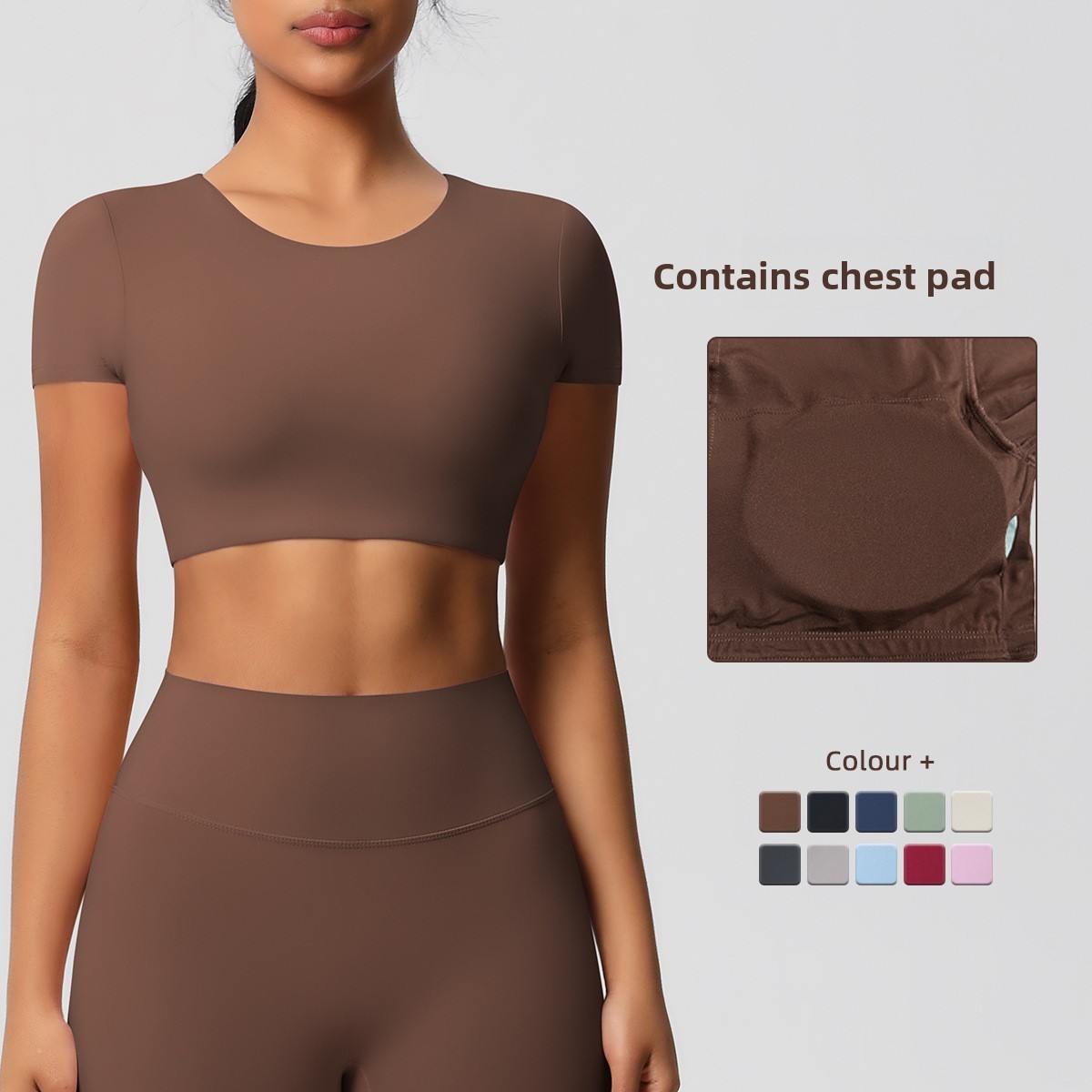Double-sided Brushed Breathable Spandex/Nylon Tight Short-sleeved Yoga Pilates Running Sports T-shirt Top for Women