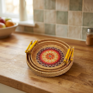 Round Rattan Storage <b>Tray</b> With Handles Bohemian Style Woven <b>Basket</b> For Living Room Decorative Serving <b>Tray</b> Handmade - Product Image 2