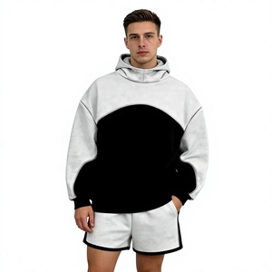 Conjunto de Sudadera con Capucha y Pantalones Cortos para Hombre, Diseño Color Block con Costuras Curvas, Cintura Elástica, Puños Acanalados, Bolsillo Canguro, Transpirable, Estilo Casual Urbano - Product Image 1