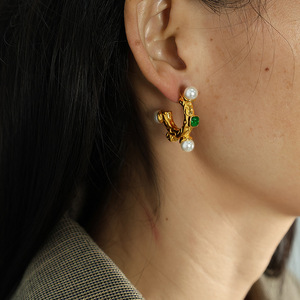 Geometric Huggie <b>Earrings</b> Gold With <b>Green</b> Stones And Pearls For Party Wear - Product Image 4
