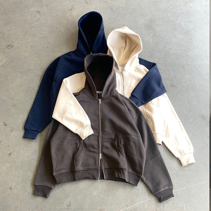 Sweat à capuche de luxe pour homme, coupe ample, double fermeture éclair, automne, 450 g/m², effet vieilli, lourd, 100 % coton tricoté, couleur unie - Product Image 1