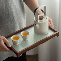 Plateau à thé en bois de noyer avec couvercle en verre, ensemble de boîtes de rangement 30-32 cm pour cérémonie du thé Gongfu, organisateur d'ustensiles de thé pour la maison, cadeau, vente en gros