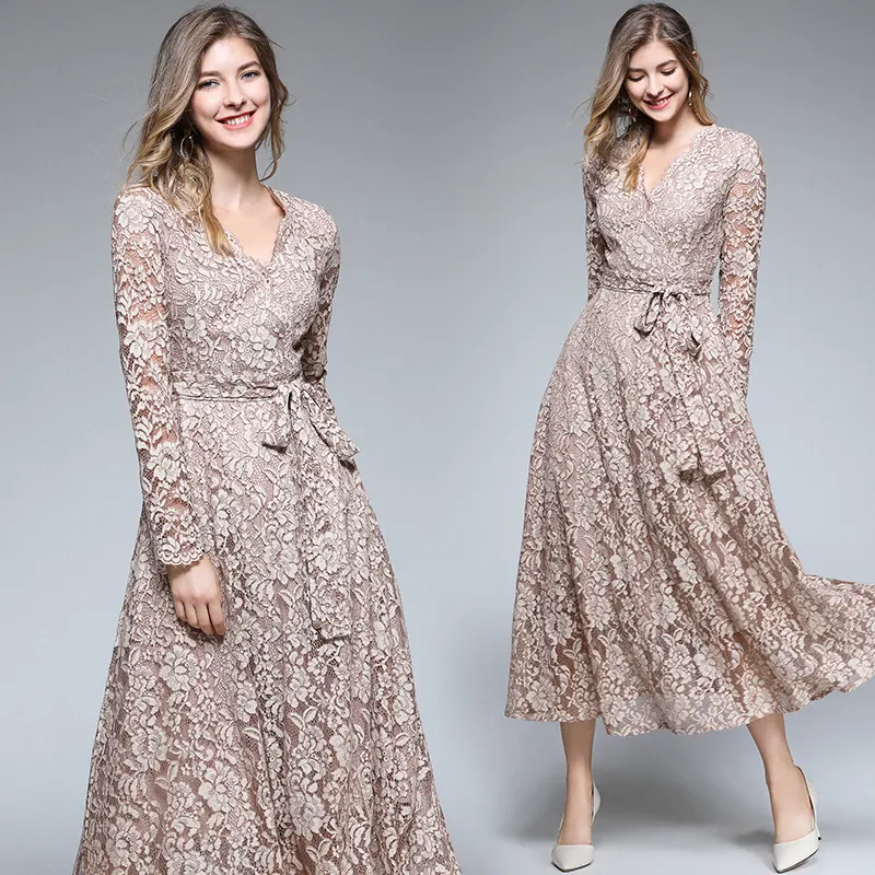 2022 מכירה לוהטת חדש עיצוב במלאי אופנה חינני צווארון עומד ארוך שרוול מזדמן נשים ורוד אלגנטי רקום תחרה dresseses