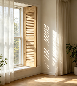 Volet en bois à lamelles horizontales, teinté brun naturel, design minimaliste pour fenêtre de maison ou de bureau - Product Image 5
