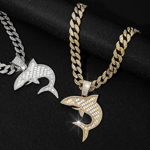 Wholesale 15mm Cuban Link Chain Hip Hop Shark Pendant Bling Rhinestone Zinc Chain <b>Chokers</b> Necklace - Product Image 2