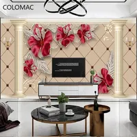 Benutzer definierte Foto 3D Schmuck Rote Blumen Säule Plaid Hintergrund Tapete Schlafzimmer Wohnzimmer TV Wand dekoration Peel And Stick Wallpaper