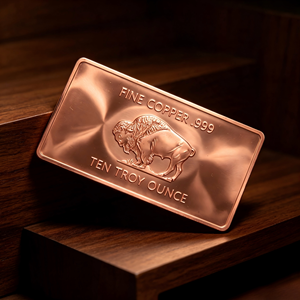 Barra de Cobre Fino .999 de 10 Onzas, Placa Rectangular con Relieve de Búfalo, Artículo Coleccionable Artístico, Troquelado - Product Image 1
