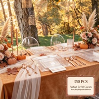 Ensemble de vaisselle carré transparent rose doré de 350 pièces comprenant des assiettes, des tasses, des couverts et des serviettes pour les fêtes d'automne, les mariages et les douches nuptiales