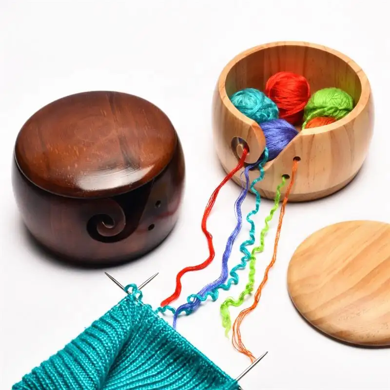 Cuencos de hilo de madera hechos a mano, almacenamiento de costura, agujas de tejer, bolas, cuenco redondo de madera con diferentes tamaños