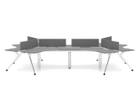 Poste de travail modulaire pour six personnes en MDF revêtu, éco-responsable, design triangulaire, bureau commercial moderne
