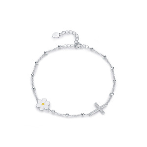 S925 Silver Chain <b>Bracelet</b> With Cross And Daisy Flower Rhodium Plated Women's Everyday Wear <b>Cute</b> Style Jewelry - Product Image 1